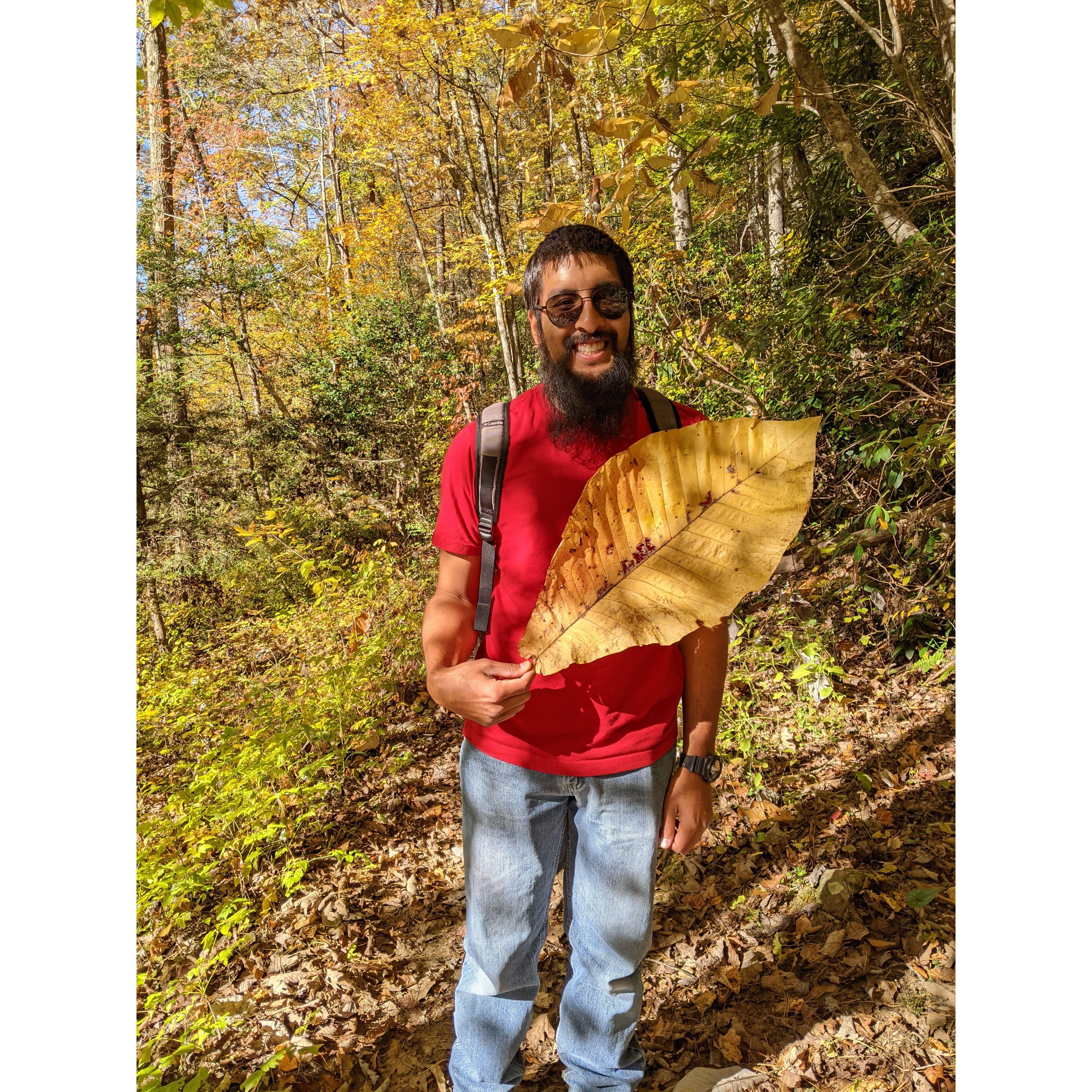 Simon with a GIANT leaf while hiking around at Big South Fork!