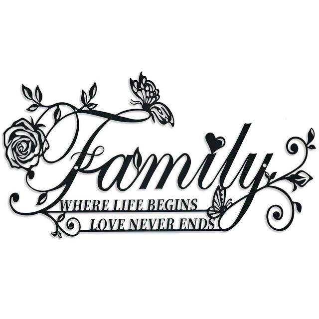 Family Where Life Begins Love Never Ends Word Sign Metal Wall Art Decor, Heavy-duty Iron Black Letters Quotes Sign Wall Sculptures Home Decor, Hanging Wall Art Decoration for Living Room Bedroom