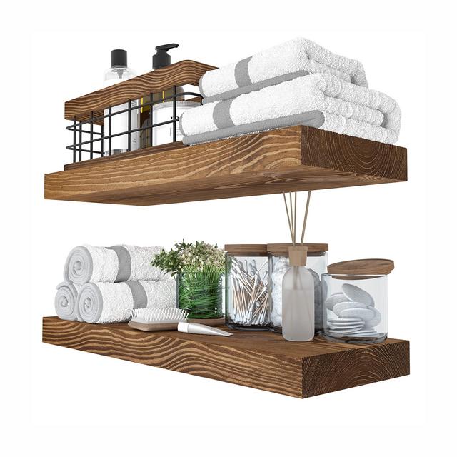 Baobab Workshop Floating Wood Shelves Set of 2 - Rustic Shelf 16 inch - Handcrafted in Europe - Wide Wooden Wall Shelves for Living Room Bedroom Kitchen Bathroom Farmhouse - Walnut Color - 16 x 6.7