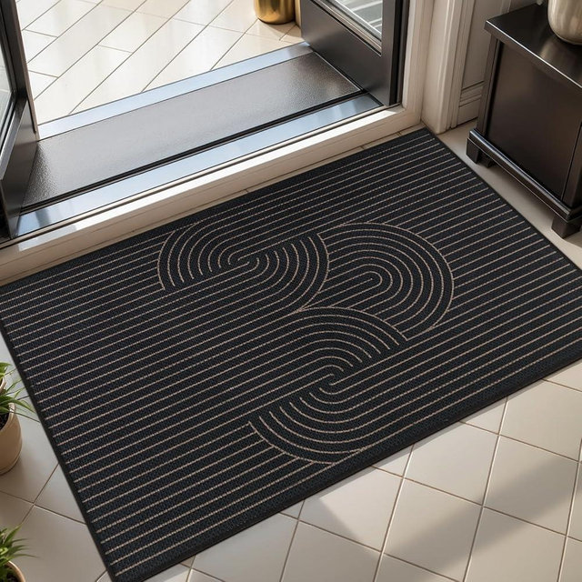 Tangsoo Black Geometric Easy Jute Rug, 2x3 Washable Ultra Thin Foldable Rug for Entryway, Non-Slip Rainbow Outdoor Mat Throw Carpet for Kitchen Bedroom Front Porch Doorway Entrance