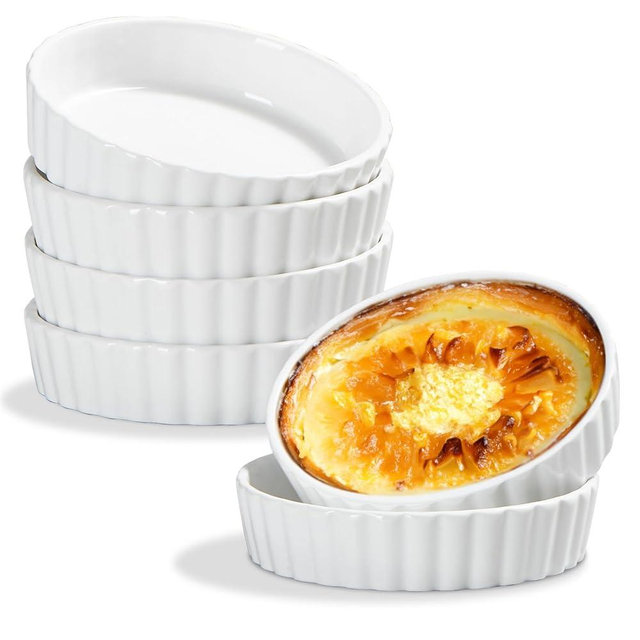 ONEMORE Ramekins 8 oz, Creme Brulee Ramekins Oven Safe White Porcelain Shallow Baking Dish for Individual Serving, 5.5 inch Fluted Soufflé Dishes Quiche Dish Mini Tart Pans Sauce Ramekin Set of 6
