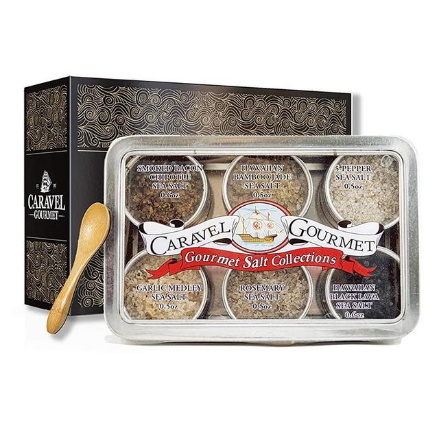 The Infused Sea Salt Sampler - 6 Resuable Tins with Bamboo Spoon - A Gift for Everyone - Hawaiian Bamboo Jade, 5 Pepper, Garlic Medley, Rosemary, and Hawaiian Black Lava - 1/2 oz each (3 oz total)