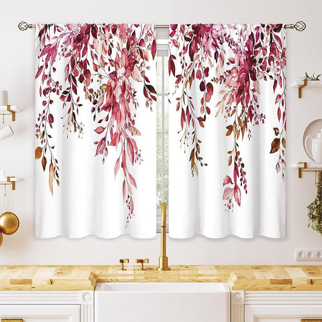 oolygoo Burgundy Eucalyptus Small Kitchen Curtains Watercolor Red Leaves Window Treatment Flower Floral Plant Botanical Cafe Short Curtains for Bathroom Dining Fall Tier Treatment Drapes 26x36 inch