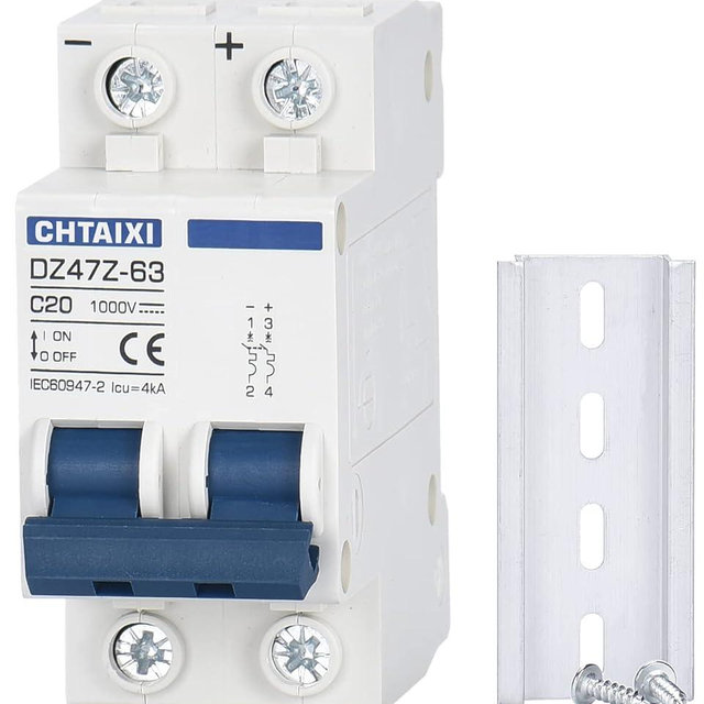 CHTAIXI DC Miniature Circuit Breaker, 2 Pole 1000V 20 Amp Isolator for Solar PV System, Thermal Magnetic Trip, DIN Rail Mount, Chtaixi DC Disconnect Switch C20