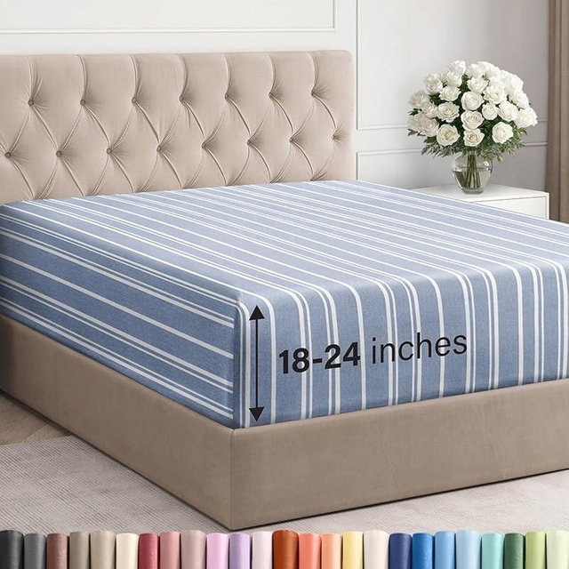 Extra Deep Queen Fitted Sheet - Hotel Luxury Single Fitted Sheet Only - Easily Fits 18 inch to 24 inch Mattress - Ultra Soft, Wrinkle Free with Extra Deep Pockets - Breathable & Comfy - Blue Stripes