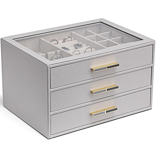 Vlando Jewelry Box for Women, Glass Lid Jewelry Organizer with 3 Drawers for Necklaces Rings Earrings Bracelets - Grey