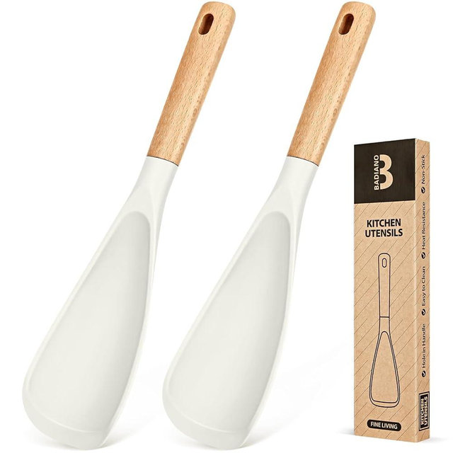 Cooking Spoon for Nonstick Cookwares, Great for Cooking and Serving Sturdy BPA-Free Matte Silicone, Wood Handle Spoon for Mixing, Scoop, and Scrape (2 Pack of White, 11.4 inch)