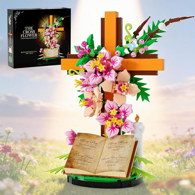 Jesus Cross Flower Building Set, Easter Religious Cross Collectibles, Compatible with Lego Jesus Catholic Building Toys, Easter, Christian, Gifts for Mothers, Women or Adults, Easter Basket Stuffers