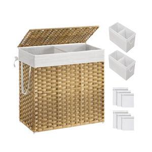 SONGMICS 130L Laundry Hamper with Lid Clothes Hamper with 2 Removable Liner Bags & 6 Mesh Bags Natural
