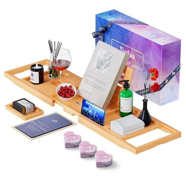 Lux Expandable Bathtub Tray Caddy with 3 Bath Bombs-Self Care and Relaxation Birthday Gifts for Women and Men, Housewarming Gift Idea, for Mom Sister Daughter Wife