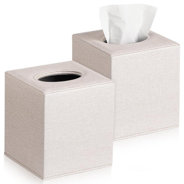 VZZNN 2 Pack Square Linen Tissue Box Cover - Modern Cube Tissue Holder with Magnetic Base, Decorative Tissue Organizer for Bathroom Vanity, Dresser, Countertop, Bedroom, Office, and Car, Beige