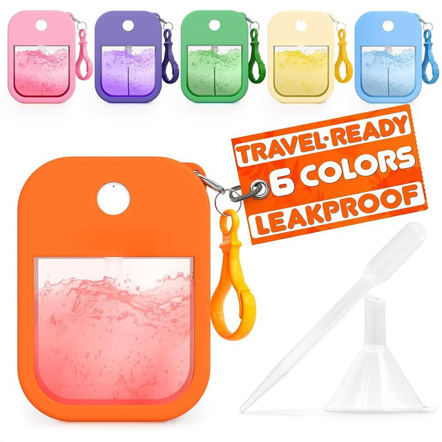 6Pcs Empty Travel Size Perfume Refill Bottle 1.28 oz – 2.4x3.3" Refillable Perfume Bottle Travel Size for Purse with Colorful Silicone Case & Keychain, TSA-Compliant, No-Leak Atomizer for Office, Gym