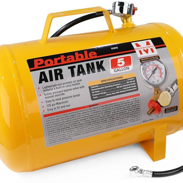 MaxWorks 51010 Portable 5 Gallon Air Tank with Pressure Gauge and Safety Valve Lightweight Durable Construction with 40 Inch Hose for Easy Tool Connections 140 PSI Max
