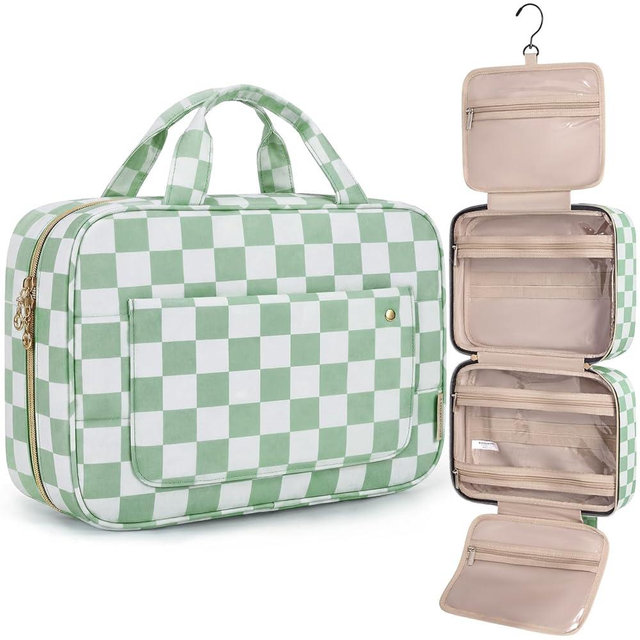 BAGSMART Toiletry Bag Travel Bag with Hanging Hook, Water-resistant Makeup Cosmetic Bag Travel Organizer for Accessories, Shampoo, Full-size Container, Toiletries (Green Checkerboard, Medium)