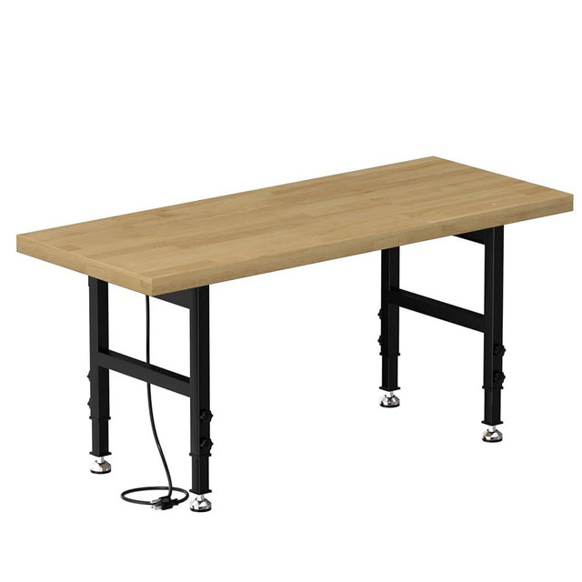 Pelnuies 60" Work Bench, Adjustable Height Workbench with Rubber Pad, Heavy-Duty Work Table with Power Outlets, 2000 LBS Capacity Workstation for Garage, Workshop, Office, Home