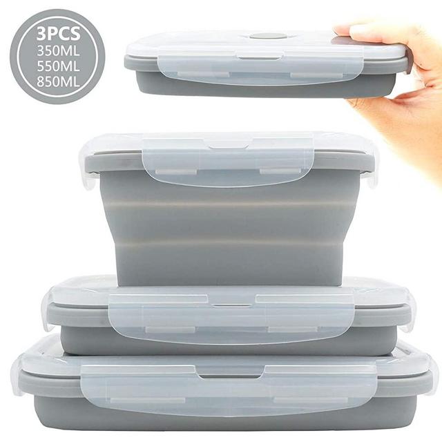 Duoyou Collapsible Silicone Lunch Bento Box, Portable Food Storage Container Outdoor Picnic Box Space Saving, Microwave, Dishwasher and Freezer Safe, 3 Pcs Set (Grey)
