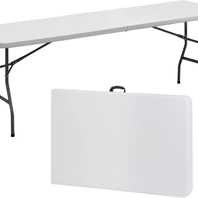 SIMPLI-MAGIC 8ft Portable Plastic Folding Table – Indoor & Outdoor Heavy-Duty Foldable Utility Table w/Handle for Party & Camping (White)