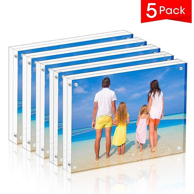 Meetu 5 Pack Acrylic Picture Frame 6x8,Clear Freestanding Double Sided 20mm Thickness Frameless Magnetic Photo Frames Desktop Display with Gift Box Package