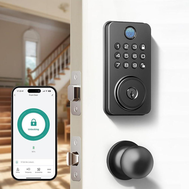 NBBX Fingerprint Door Lock with Knobs, Keyless Entry Deadbolt with Auto Lock, Keypad and App Support for Front Door and Bedroom, Easy to Install – N201