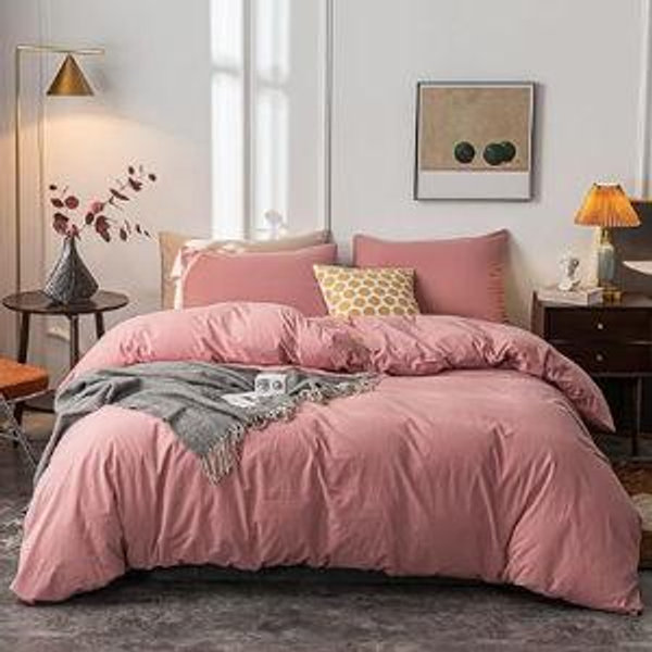 Janlive Washed Cotton Duvet Cover Oueen Ultra Soft 100% Cotton Solid Color Rose Duvet Cover Set with Zipper Closure -3 Pieces Pink Bean Paste Queen