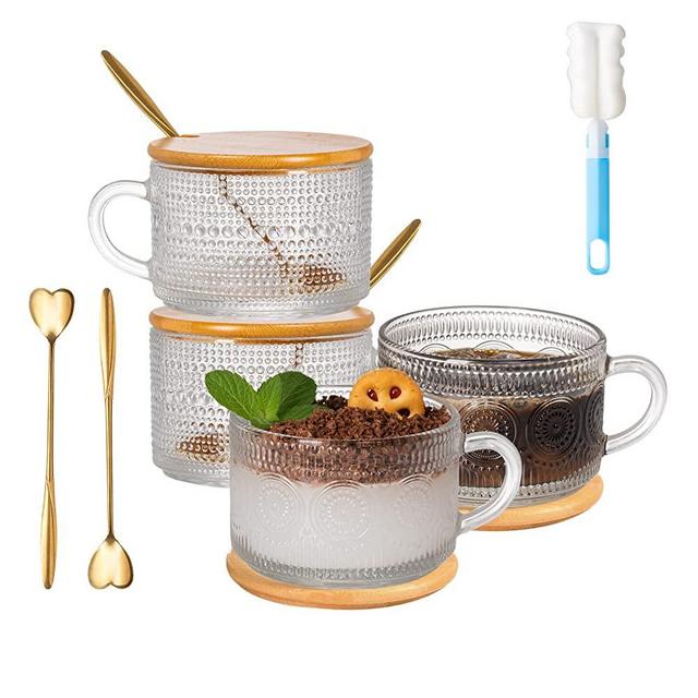 megarte Vintage Glass Coffee Mugs - 14 Oz Embossed Glass Mugs with Bamboo Lids and Golden Spoons Set Of 4 - Glass Coffee Cups for Cappuccino, Latte, Cereal, Yogurt, Tea Christmas Thanksgiving Gifts