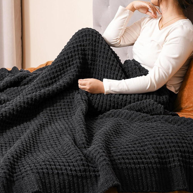 PHF Chenille Waffle Knit Throw Blanket- Plush Warm & Cozy 50" x 60" Ultra Soft Blanket- Chunky Fluffy Waffle Throw Blanket for Couch Bed Sofa - Charcoal Grey