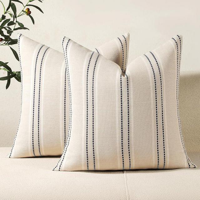 Hckot Decorative Navy Pillow Covers 18x18 Striped Throw Pillows Textured Linen Pillow Covers Farmhouse Decor Cushion Covers for Couch Bed Living Room, Navy