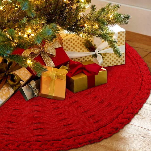 YUJUN 36 Inches Christmas Knitted Tree Skirt Decorations Xmas Large Red Chunky Cable Farmhouse Thick Rustic Tree Skirt for Merry Christmas Tree Holiday Home Party Decoration