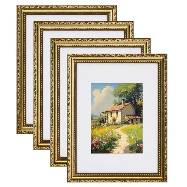 eletecpro 9x12 Picture Frames Set of 4, Retro Frame with Glass Cover, Vintage Gold 9 x 12 Photo Frames Display 6x8 Photo with Mat or 9x12 without Mat for Tabletop or Wall Decor, Gold