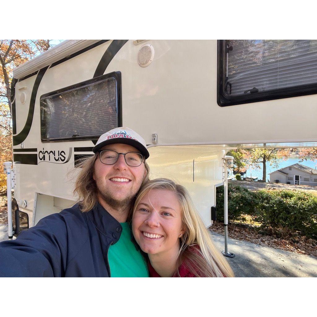 With our truck camper. Many of these photos are from adventures we've gone on in our home on wheels!