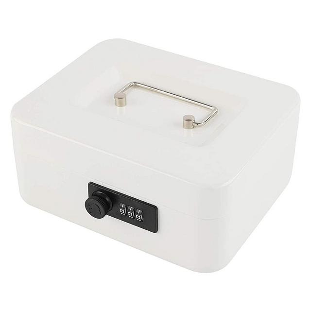 KYODOLED Cash Box with Combination Lock,Safe Metal Box for Money,Storage Lock Box with Money Tray,7.87"x 6.30"x 3.54" White Medium
