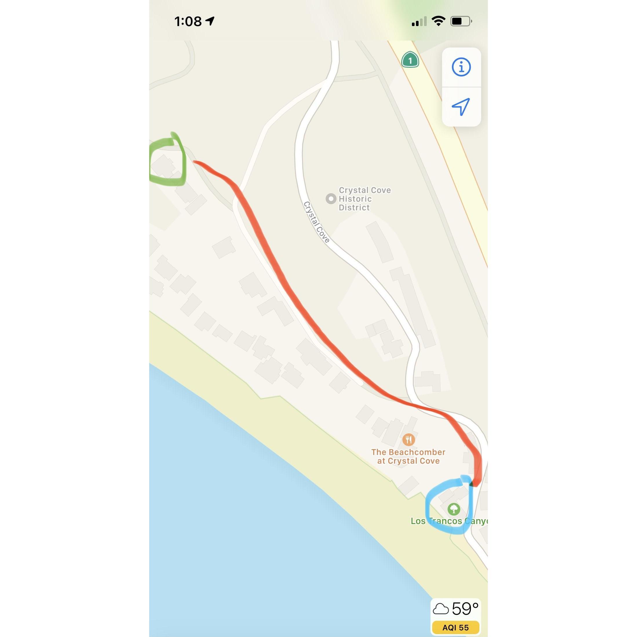 Leave the ceremony (Blue Circle) and walk (Red Line) behind the Cafe, up the stair case to the end of the row of Cottages for the reception (Green Circle) or ride the shuttle.