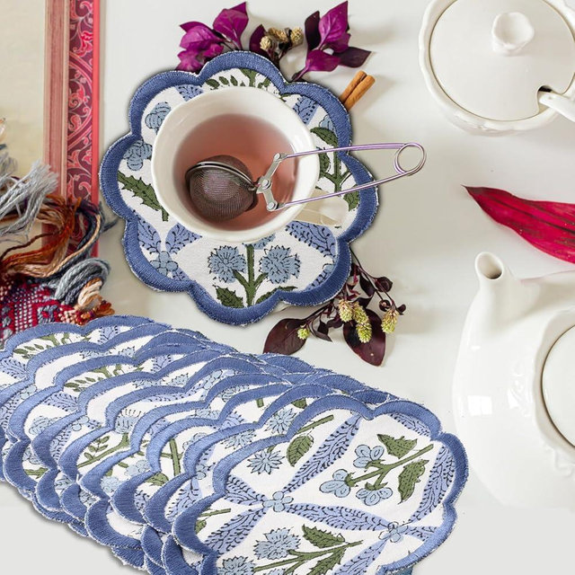 Ridhi Hand Block Print 8- pcs Canvas Cotton Drink Absorbent Stylish Embroidery Scallop Coaster Set Boho Modern Home Decor and Wooden Table Protection 5 inch Light Steel Blue