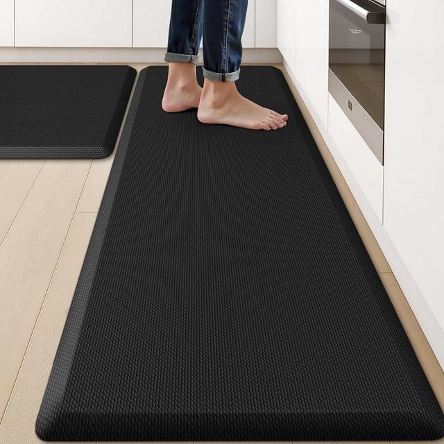 KitchenClouds 2PCS Kitchen Rugs Cushioned Anti-Fatigue Non-Slip Water Resistant Kitchen Mat Comfort Foam Standing Mat for Floor Office Sink Laundry (Black)