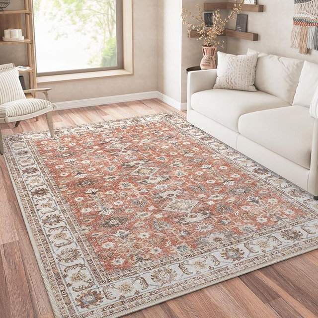 jinchan Area Rug 8x10 Brick Red Vintage Traditional Area Rug Kitchen Floor Cover Foldable Thin Rug Distressed Floral Print Indoor Mat for Bedroom Living Room Dining Room