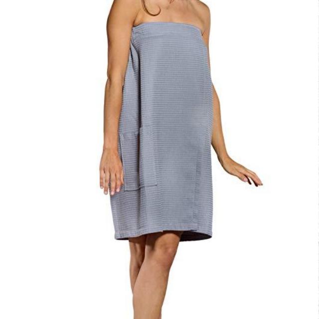 Turquaz Linen Lightweight Knee Length Spa/Bath Waffle Body Wrap with Adjustable Hook-and-Loop Tape Gray