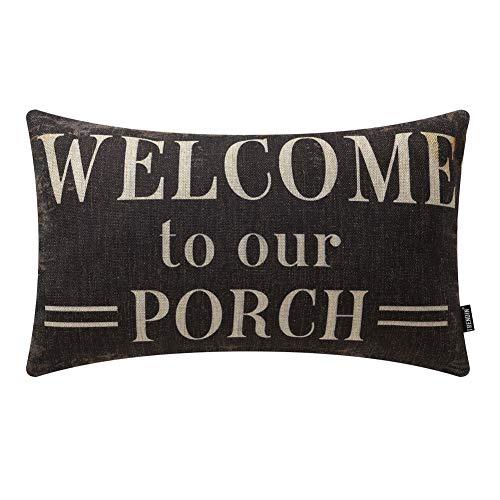 TRENDIN Decorative Throw Pillow Cover 20x12 inch Rustic Look Black Welcome to Our Porch Cushion Case Rectangular Shape PL347TR