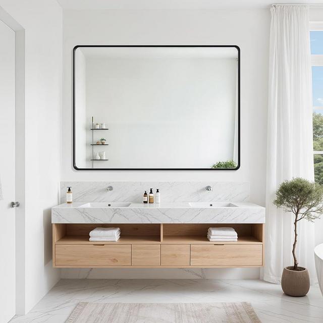 Suidia Bathroom Mirror, 36" x 48" Wall Mirror Metal Framed, Bathroom Vanity Mirror for Living Room Bedroom Bathroom Entryway, Black, Rounded Corner Style