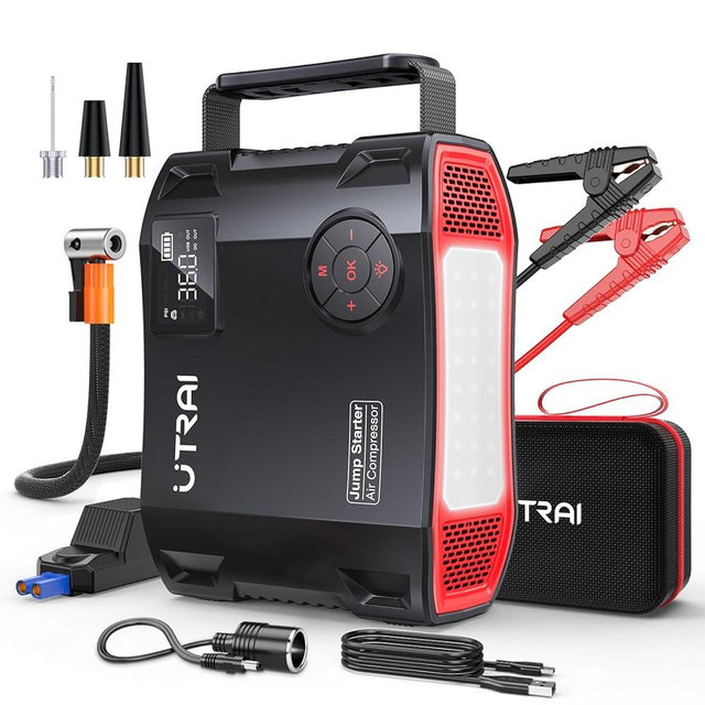 UTRAI Jump Starter with Air Compressor, 6000A 27000mAh Car Starter Jump Box with 150PSI Tire Inflator, Portable Jump Pack (All Gas/10L Diesel), DC160W, QC3.0 Jumper Cables, 1600LM Light