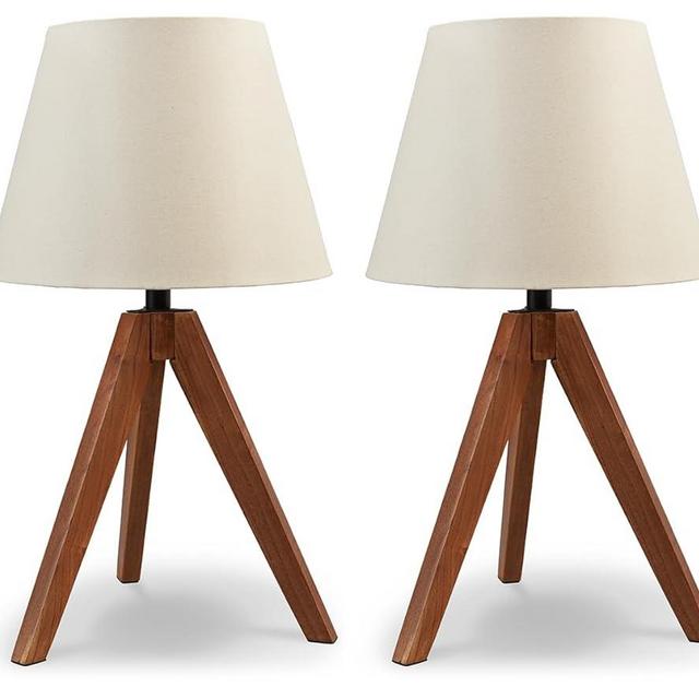Signature Design by Ashley Laifland 24" Mid Century Modern Wood Table Lamp Set, 2 Count, Light Brown & Beige