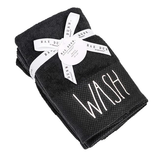RAE Dunn by Magenta True Black Pique Cuff Hand Towels Set of 4 -WASH in White Lettering with Ribbon and Tag
