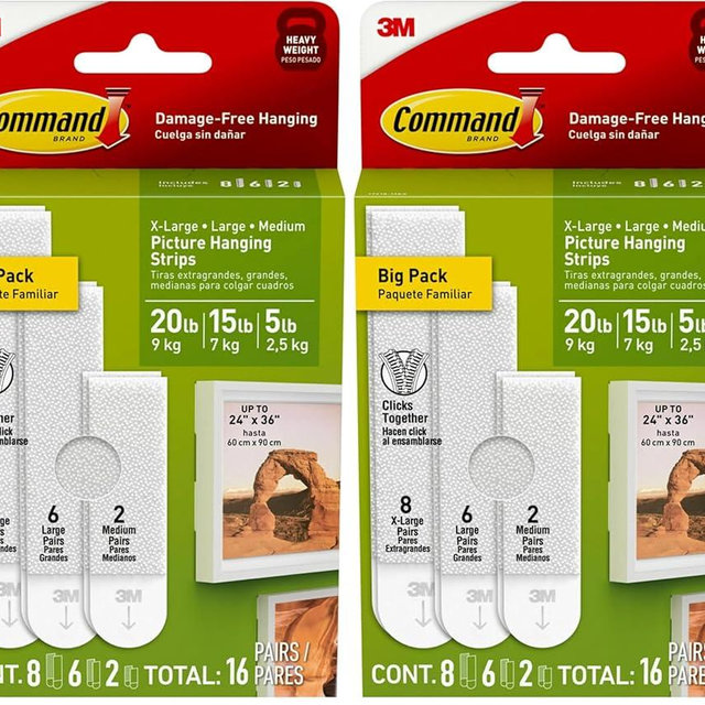 Command Picture Hanging Strips Variety Pack, Damage-Free Picture Hangers, No Tools Wall Hanging Strips White, 2 Medium, 6 Large and 8 X-Large Pairs, (Pack of 2)