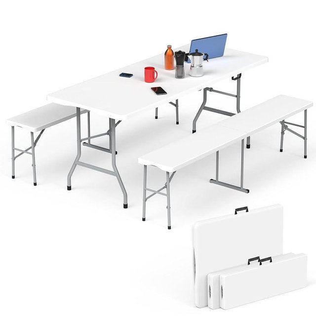 HLPB Folding Table Picnic Table Set, 6 ft Camping Table with 2 Benches, Outdoor Indoor Portable Folding Table for Working Meeting Parties, Camping, Picnic, Weddings w/Handle and Safety Locks, White