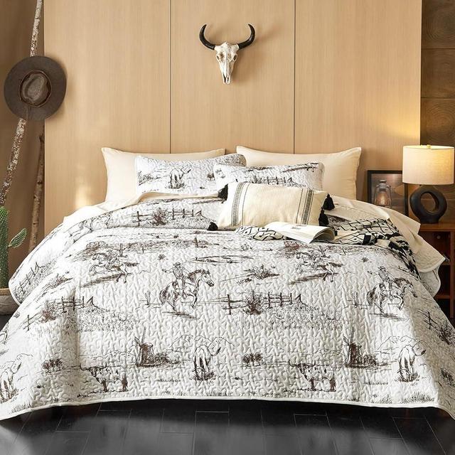Wake In Cloud - Western Quilt Set, Cowboy Southwestern Country Vintage Native American Rustic Ranch Life, Reversible Lightweight Bedspread Coverlet, 3 Pieces, Beige Brown, Queen/Full Size