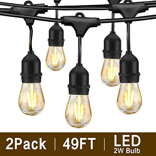 Svater 2 Pack S14 LED String Lights 49Ft Waterproof IP65 Commercial Grade Outdoor String Light UL Listed 15 Hanging Sockets 2W LED Bulbs E26 Base Warm White 2700K for Party Patio Backyard Porch