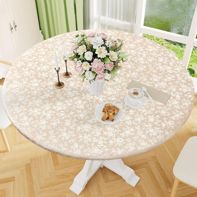 Smiry Round Picnic Tablecloth, Elastic Waterproof Fitted Heavy Duty Vinyl Tablecloths for 45"-56" Tables, Wipeable Washable Table Cover for Kitchen, Dining, Camping, Outdoor, Beige
