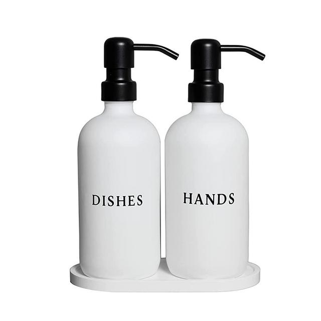 RM Home White Glass Hand and Dish Soap Dispenser Set - Modern Farmhouse Sink Accessories - Liquid Soap Dispenser - 16 oz Kitchen Sink Soap Dispenser Set with Tray, Black Pumps & Funnel