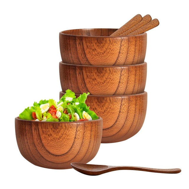 Hyuetrsa 4 Pcs Acacia Wooden Bowl,Small Round Wood Bowls with Spoon for serving salad salsa dip sauce snack rice pasta cereal fruit Decor Tableware Side Dish Sets Wooden bowl 8x5cm,Spoon 12x3cm