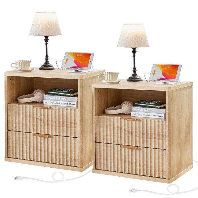 LEYAOYAO Fluted Farmhouse Nightstand Set of 2 with Charging Station, 23" Wide 2 Drawers End Table,Natural Dresser for Bedroom,Bed Side Table Chest of Drawers Cabinet,Wood Night Stand for Living Room