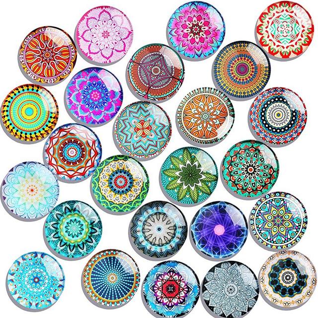 SOSMAR - 24 Pack Refrigerator Magnets - Decorative Glass Cabochons Magnets with Mandala Pattern 3D Magnets for Home Office Fridge Cabinet Magnetic Whiteboards Dry Erase Board etc. (Round/30mm)